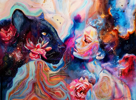 Breathe Your Name, a woman and a black panther face to face among flowers and stars