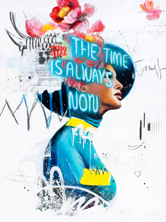 The Time Is Always Now, a woman in profile with neon lettering and flowers