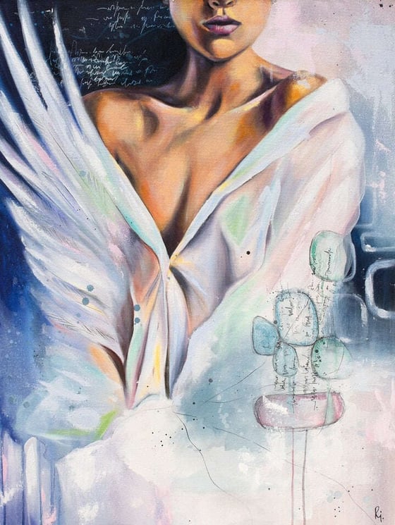 Some Distant Day, a woman in a white shirt with wings and line drawings