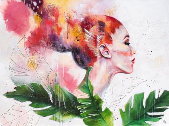 Inner Beauty, a woman in profile with red hair and green leaves