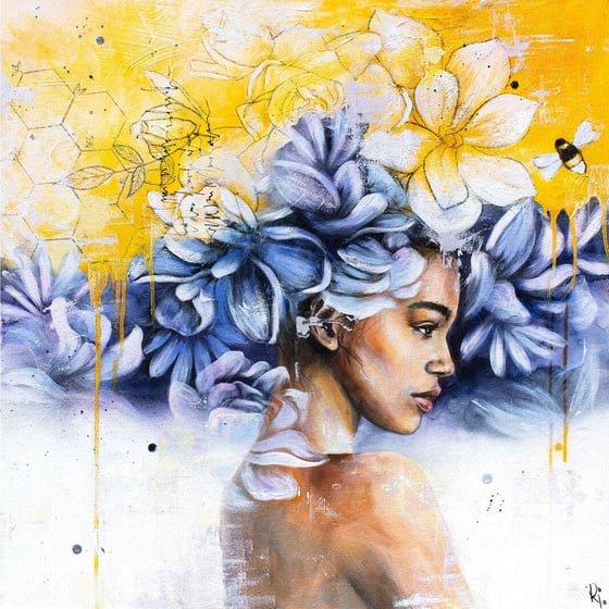Kiss of Life, a woman crowned with blue flowers against yellow
