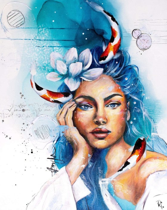 Pearl, a woman with blue hair and koi fish on a white ground