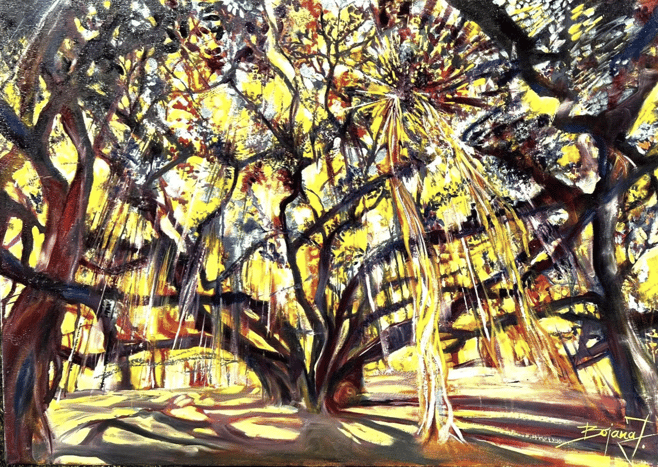 Painting of tree with light streaming through