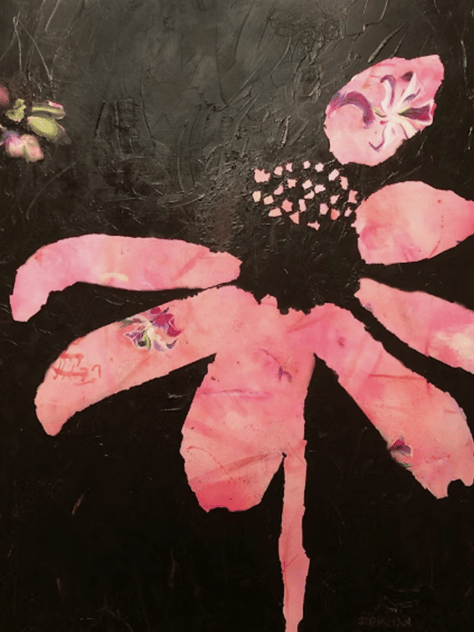 painting of black canvas and pink flower