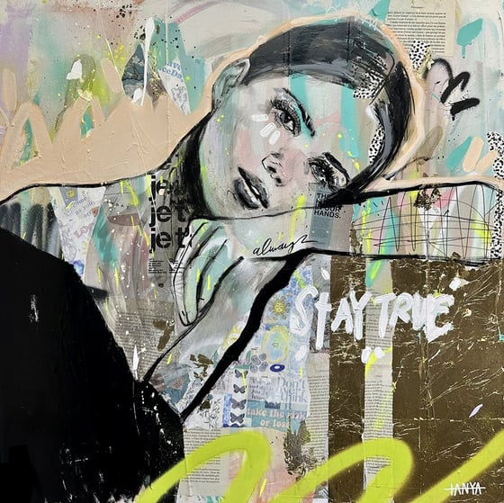 a woman drawn in black line over collage, with the words Stay True
