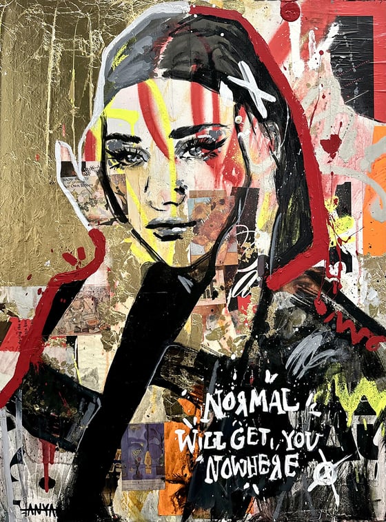 a woman in red and black collage, with the words Normal Will Get You Nowhere