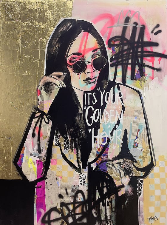 a woman in sunglasses over gold leaf, with the words It's Your Golden Hour