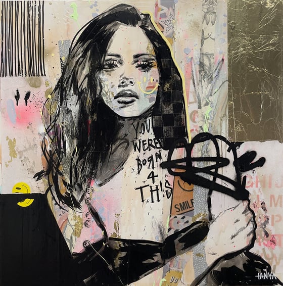 a woman drawn in black over gold leaf, with the words You Were Born 4 This