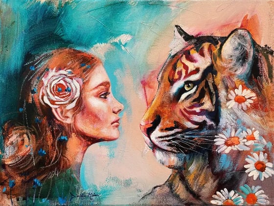 Called Back to You, a woman with a rose in her hair facing a tiger
