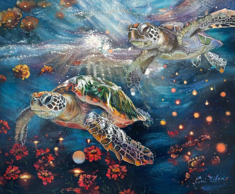 Bound by Light, sea turtles swimming through glowing water