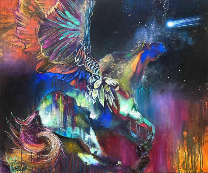 Flying North, a winged horse in bright color against a night sky