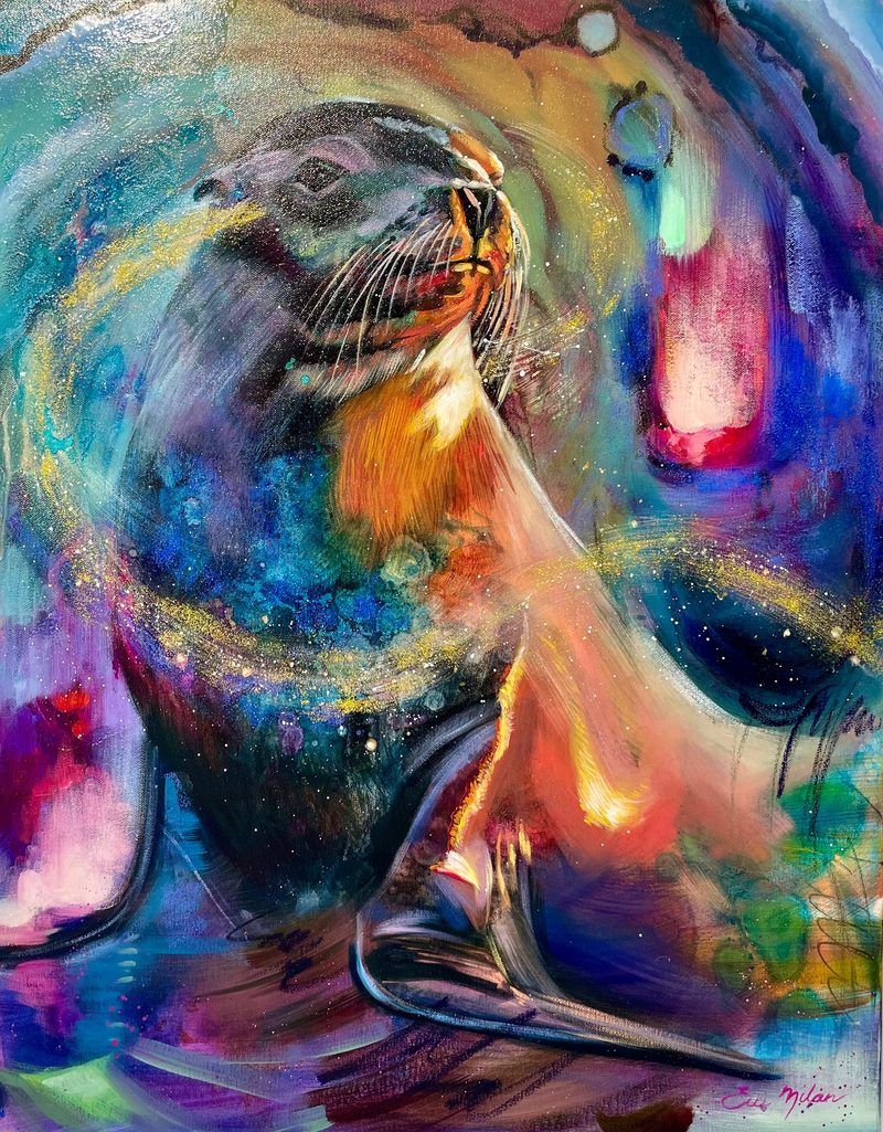 Hero, a sea lion in swirls of color and light