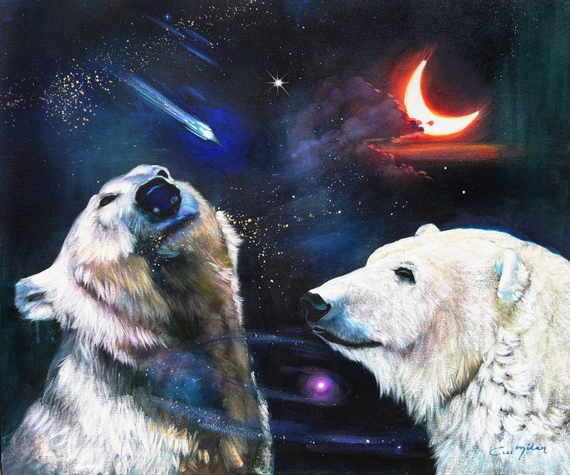 Love in the Time of Polaris, two polar bears under a red crescent moon