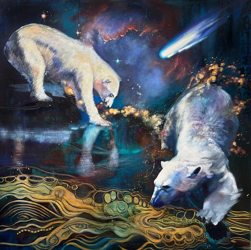 Well-Laid Plans, two polar bears at the water under a comet