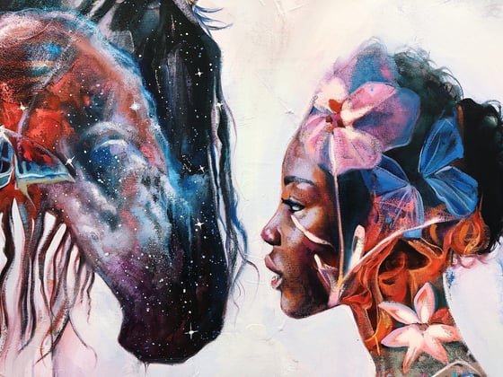 Heart of the Brave, a woman with flowers in her hair facing a dark horse