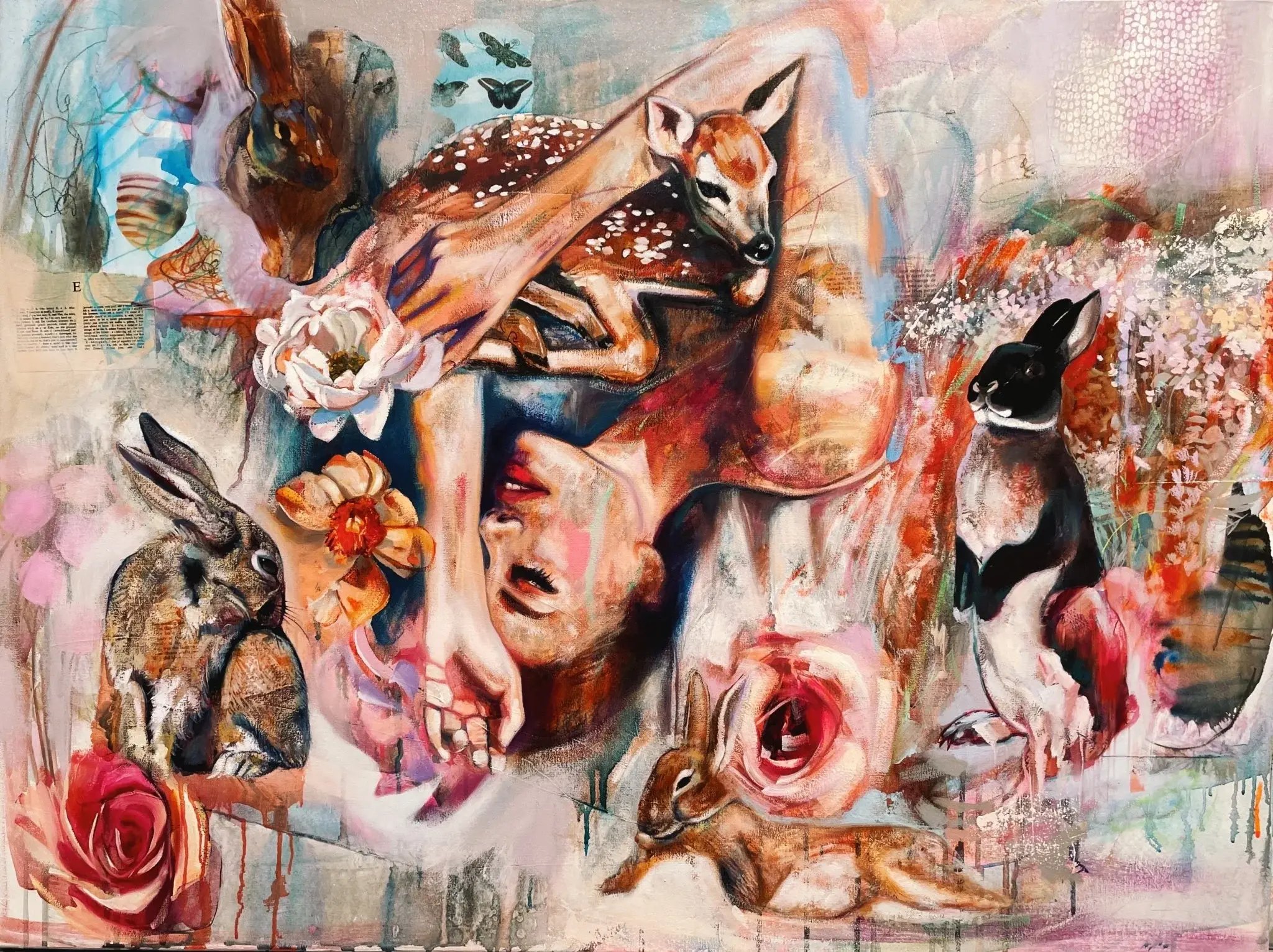 Hope Reborn, a woman among deer, rabbits and roses