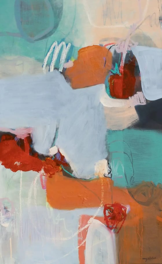 a tall abstract painting in pale blue, teal and orange