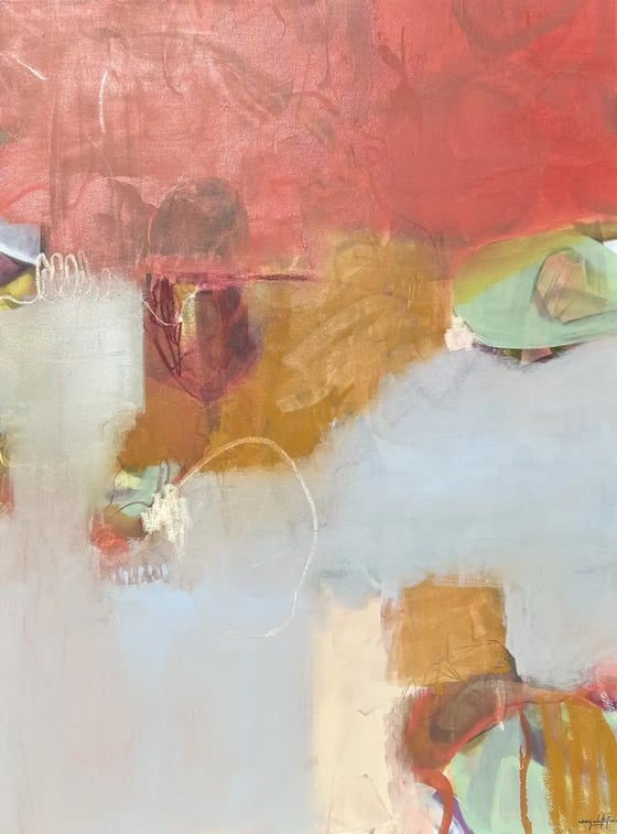 an abstract painting in coral, pale blue and cream