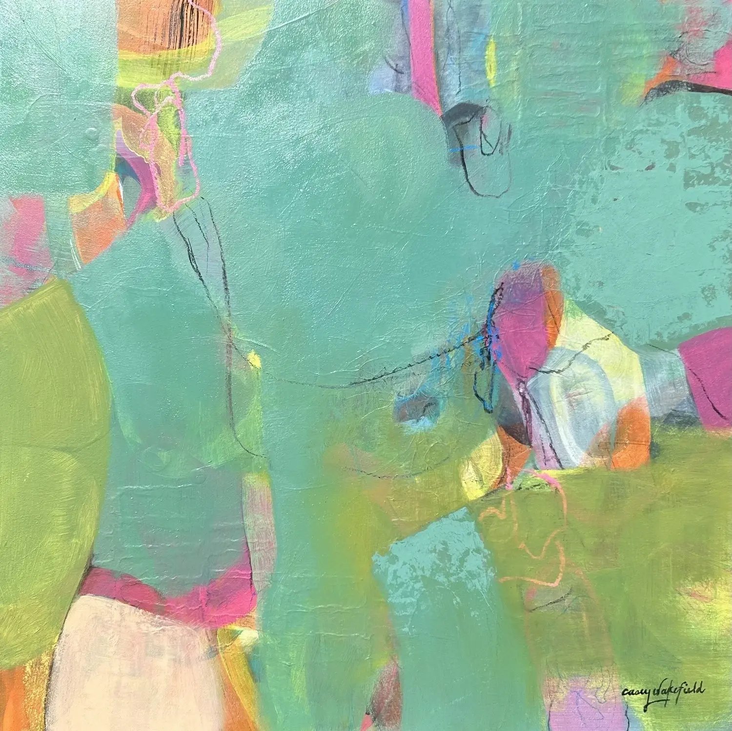 Abstract painting by Casey Wakefield in soft greens with pink, violet and cream