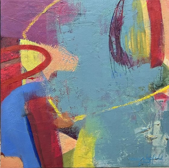 an abstract painting in sky blue with red and yellow sweeps of color