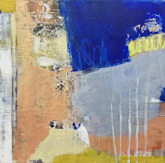 an abstract painting with a deep blue block over peach, grey and gold