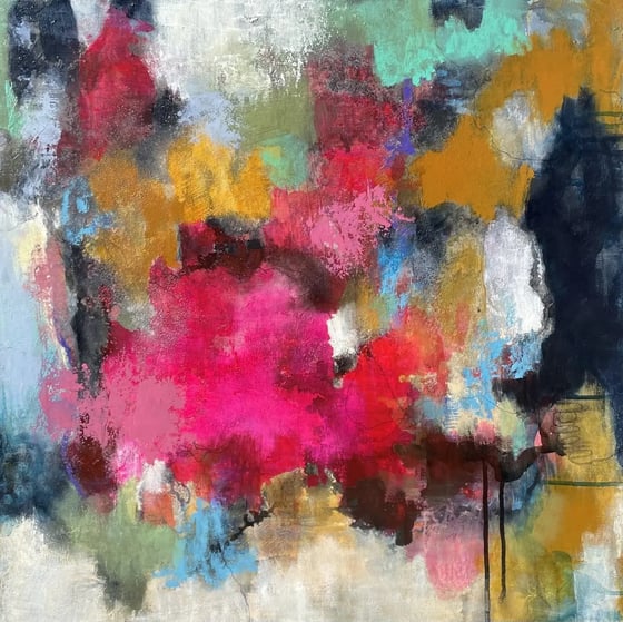 an abstract painting with a burst of magenta among ochre, teal and black