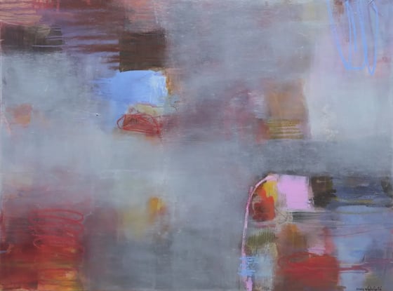 Holding the Horizon, an abstract painting in blues and warm color
