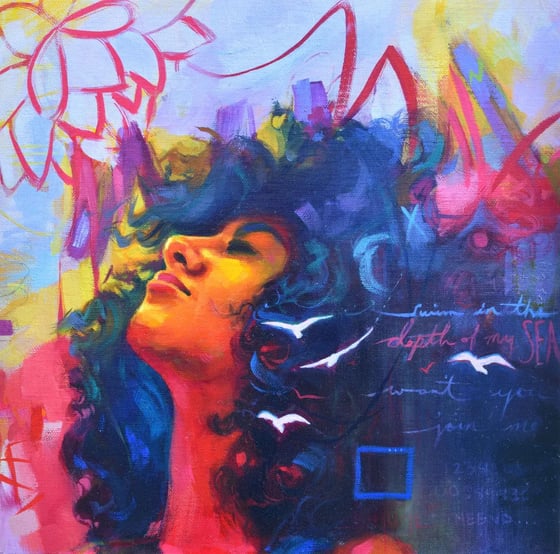 Be Free, a woman with dark hair looking up, with white birds