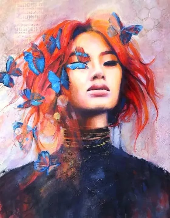 Chrysalis, a woman with red hair and blue butterflies