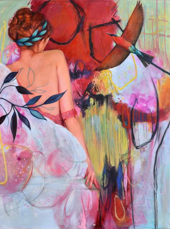Lady and the Bee Eater, a woman seen from behind with red birds