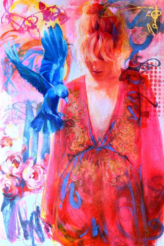 Lucent Dreaming, a woman in a red dress with a blue bird