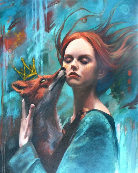 Royals, a woman in teal holding a fox wearing a gold crown