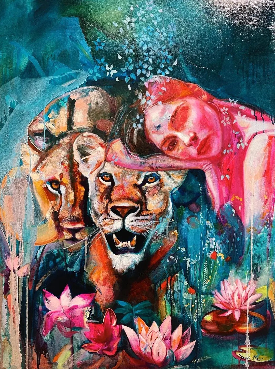 After Your Heart, a woman asleep on a lion among pink water lilies