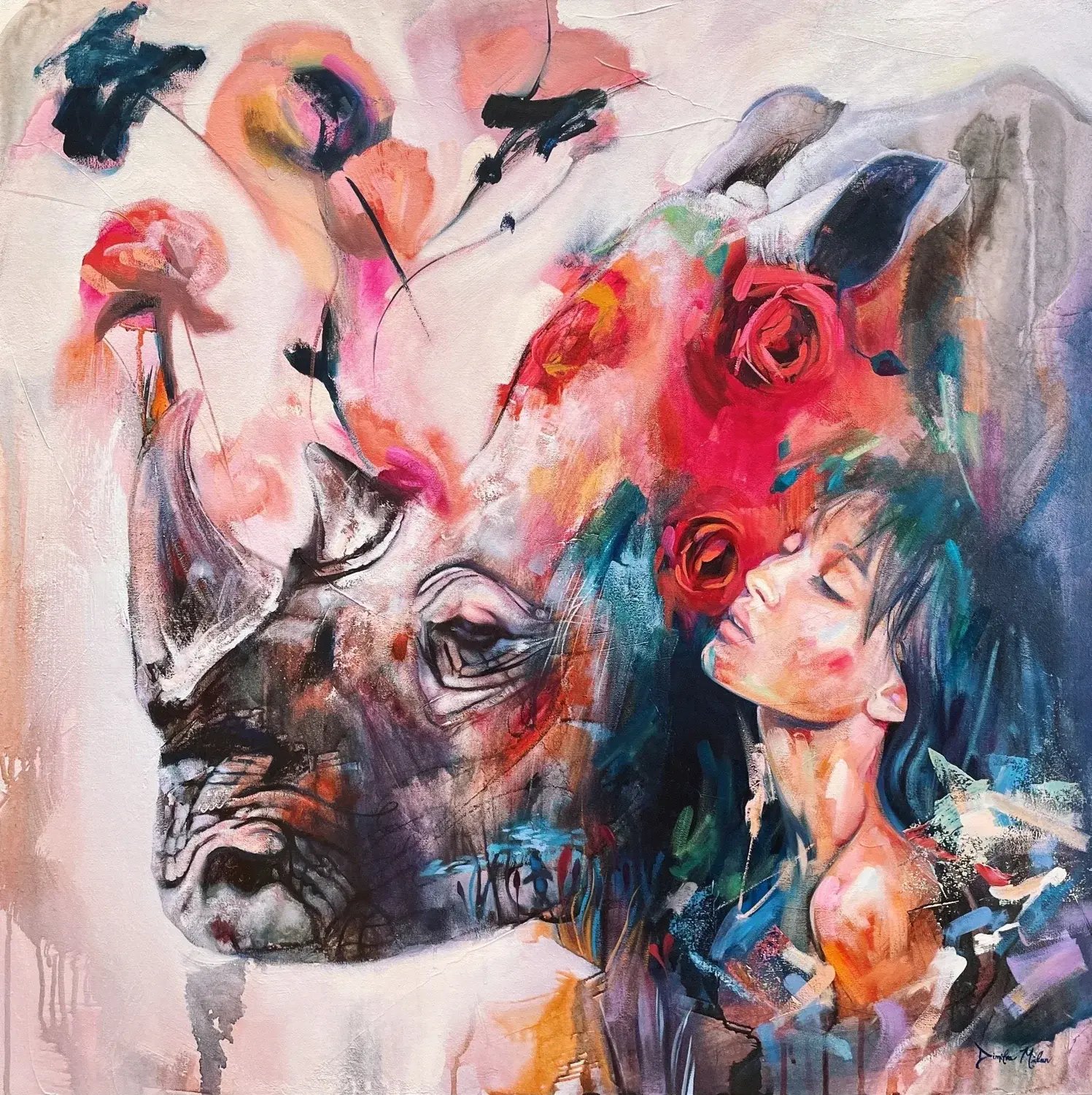 Awaiting Zion, a woman and a rhinoceros among red flowers