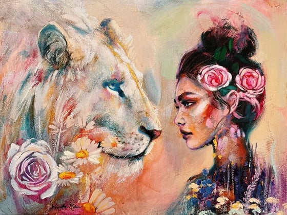 Bespoke Wisdom, a woman with roses in her hair facing a white lioness