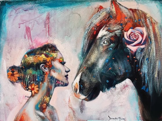 Charmer, a woman and a black horse with a rose, face to face