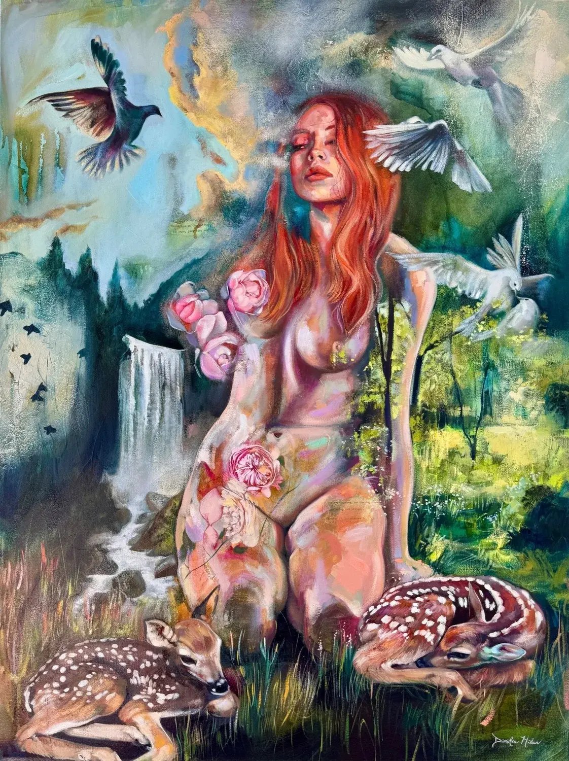 Following Eden, a woman with red hair beside a waterfall, with fawns and birds