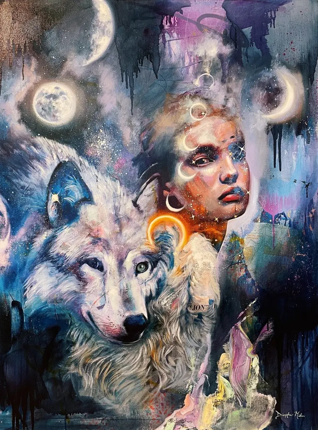 Heaven's Reflection, a woman and a white wolf beneath two moons