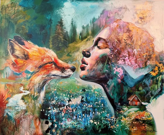 Home in Your Heart, a fox and a woman face to face over a meadow and forest