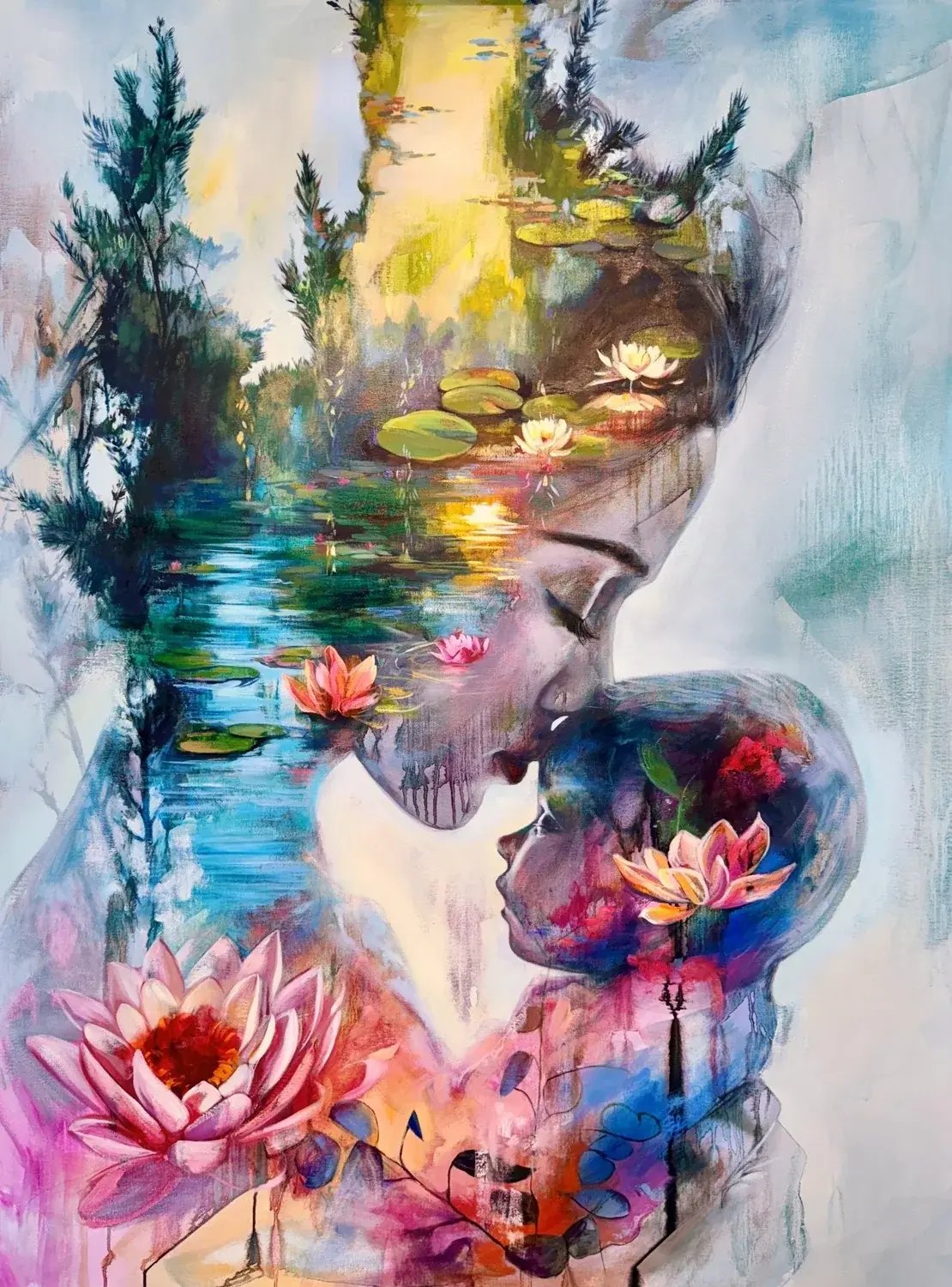 In You, He Lives, two faces made of water, trees and lotus flowers