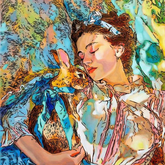 Heart of the Meadow, a girl with a blue bow holding a rabbit to her cheek