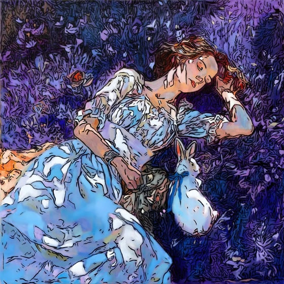 Lavender Dream, a woman in blue lying in purple flowers with a rabbit