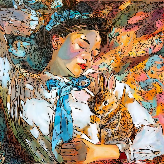 Nature's Heartbeat, a sleeping girl holding a brown rabbit