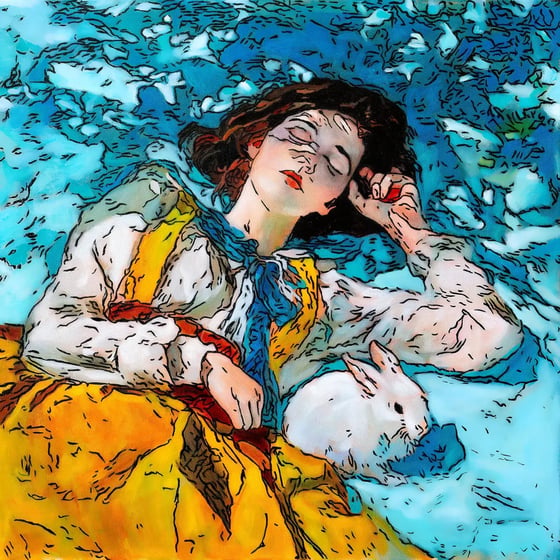 Sun-kissed, a girl asleep in a yellow skirt beside a white rabbit