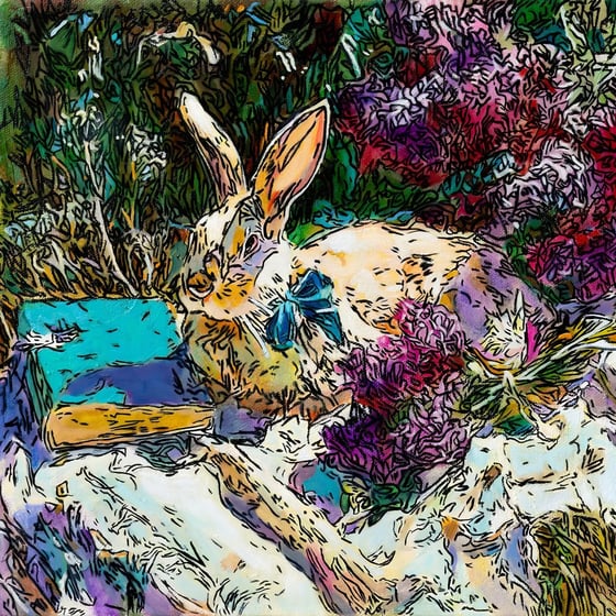 The Sentinel, a hare sitting among lilacs and books